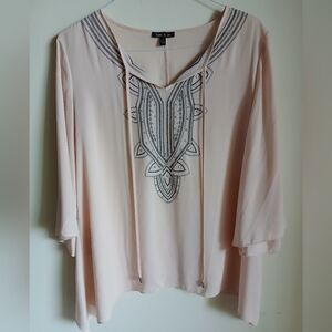 Sami & Jo Flowy Pink  Blouse Tie Neck Black Embrodiery Size Large